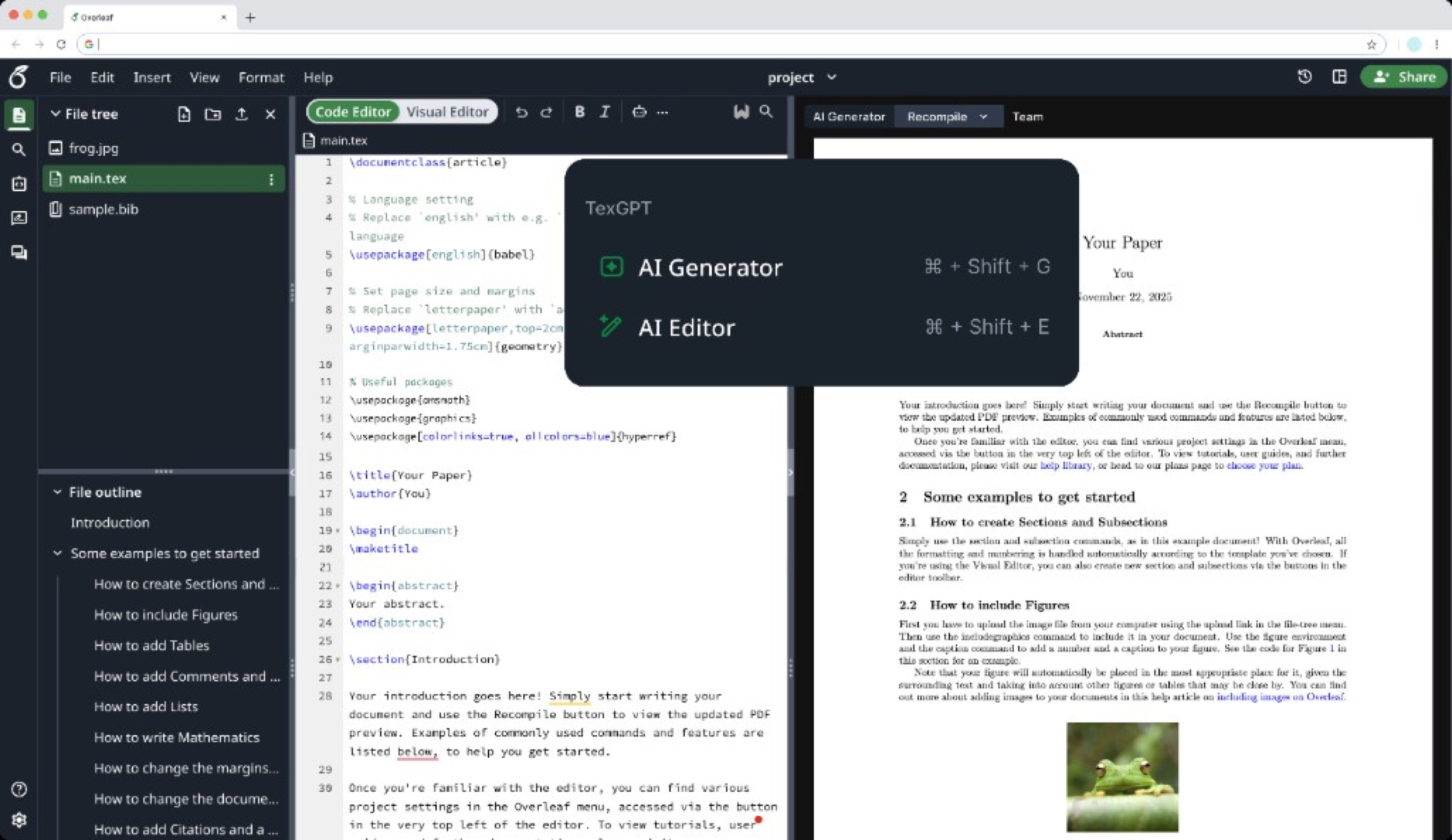 Approach 2 — TexGPT menu as a unified robot button entry point in Overleaf