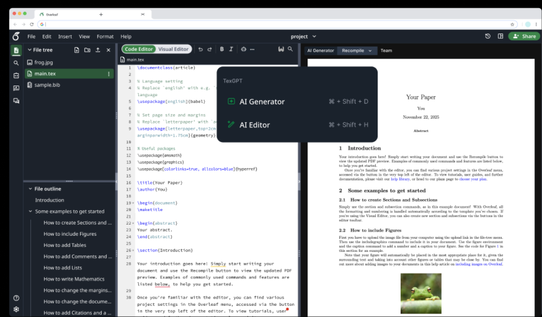 Approach 2 — TexGPT menu as a unified robot button entry point in Overleaf