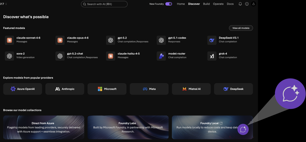 Foundry home with a more prominent search bar and a floating Ask AI widget