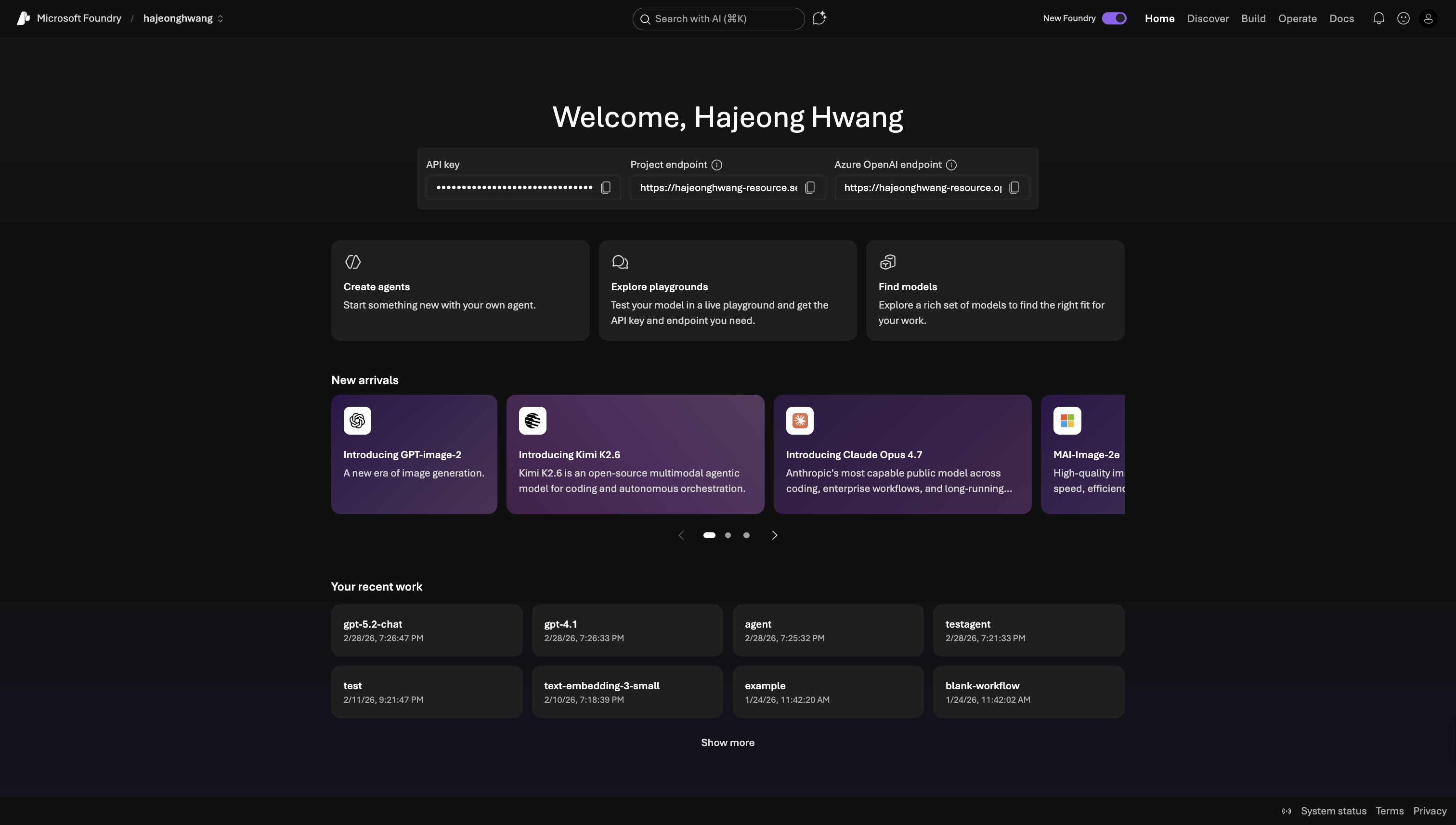 Microsoft Foundry home screen showing Search with AI and Ask AI entry points